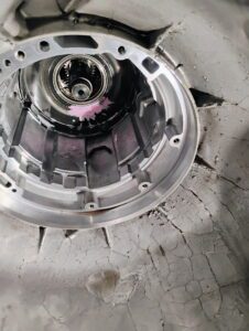 Transmission bell housing interior with pink residue