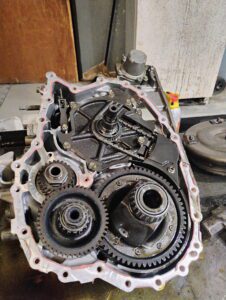 Open automotive transmission gearbox with visible gears